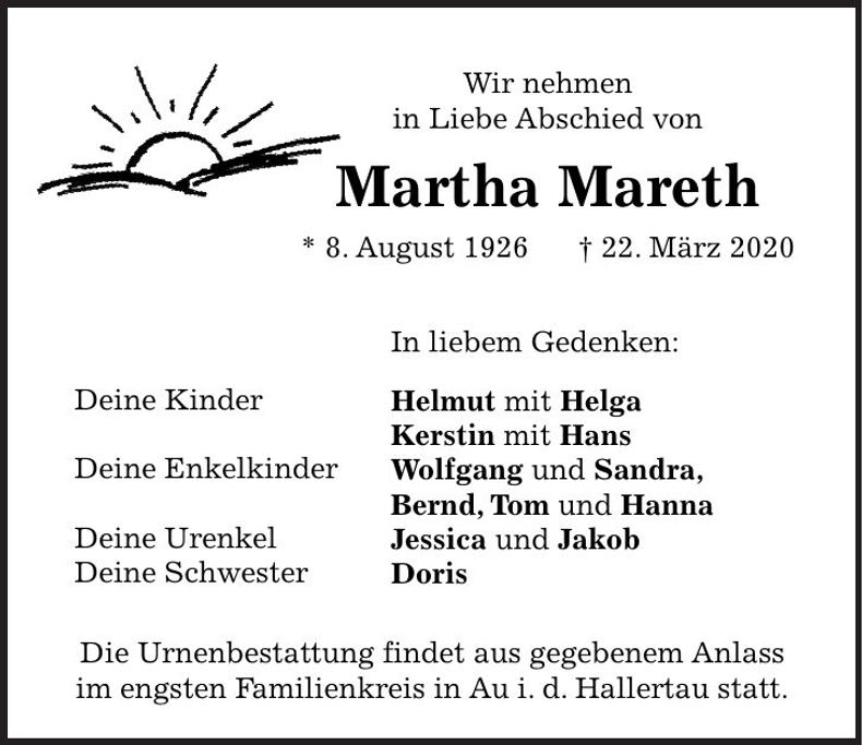Traueranzeige Martha Mareth