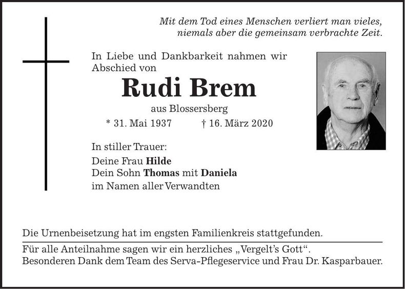 Traueranzeige Brem Rudi
