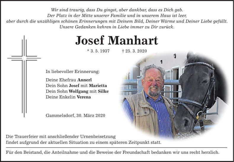 Traueranzeige Josef Manhart