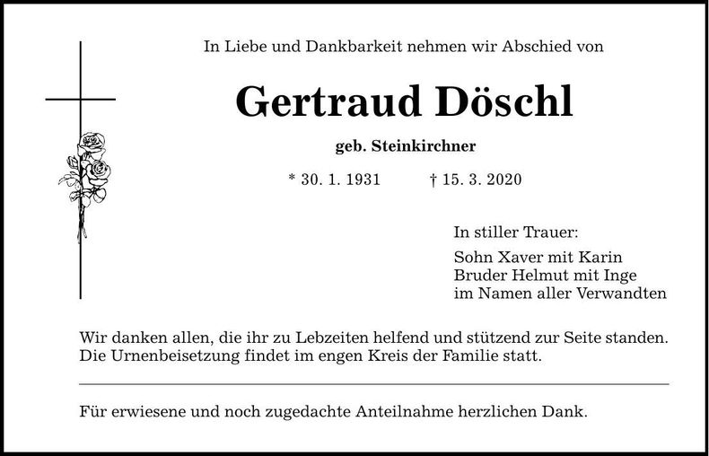 Traueranzeige Gertraud Döschl