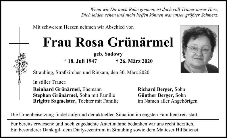 Traueranzeige Rosa Grünärmel
