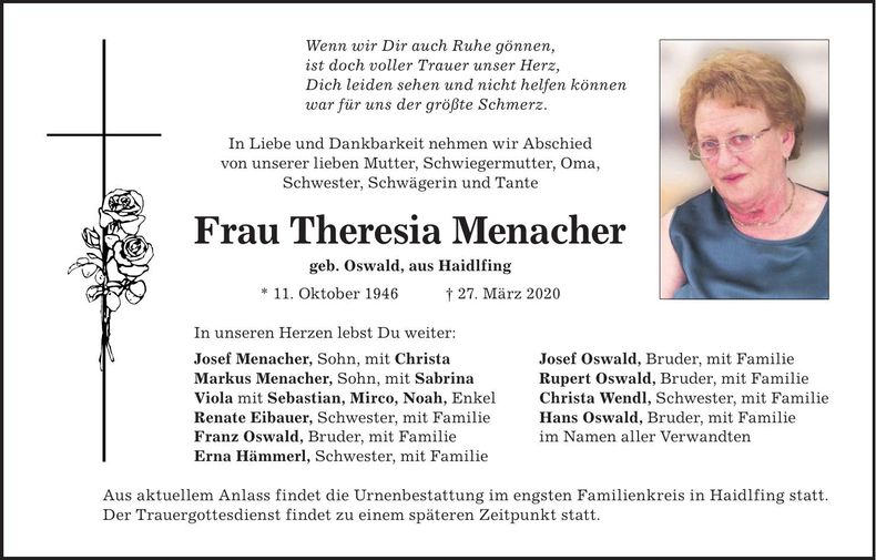Traueranzeige Theresia Menacher