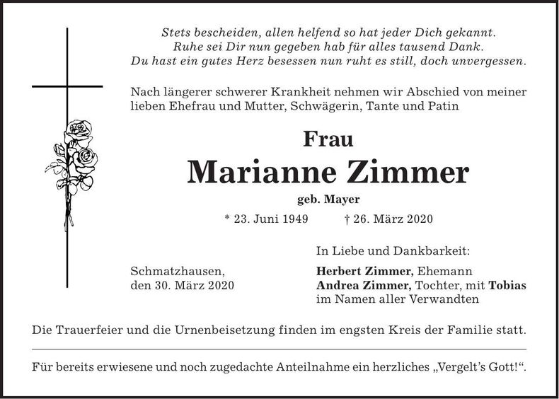Traueranzeige Marianne Zimmer