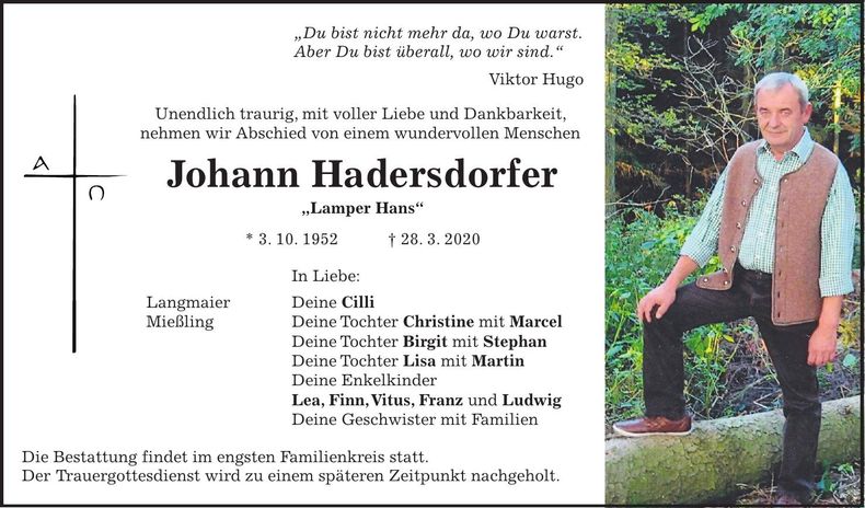 Traueranzeige Johann Hadersdorfer