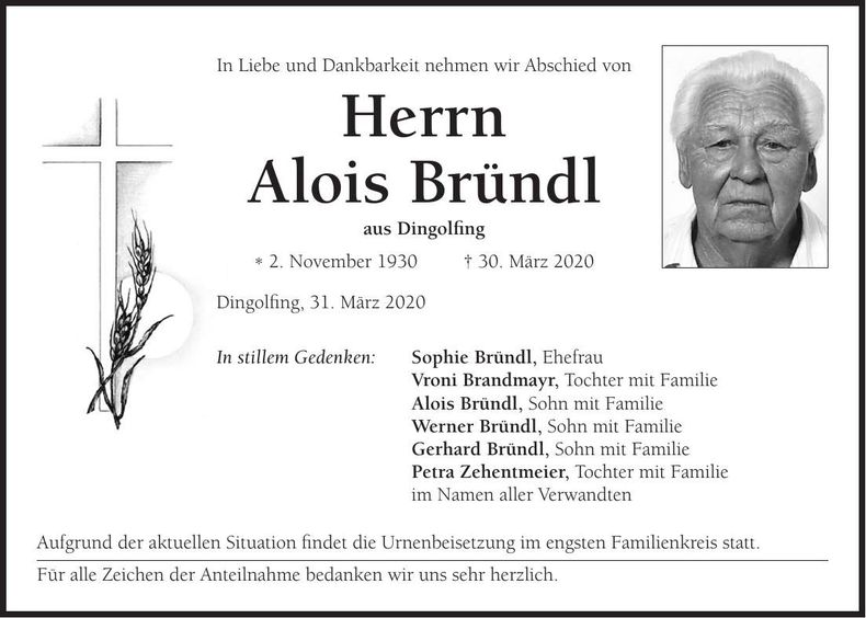 Traueranzeige Alois Bründl