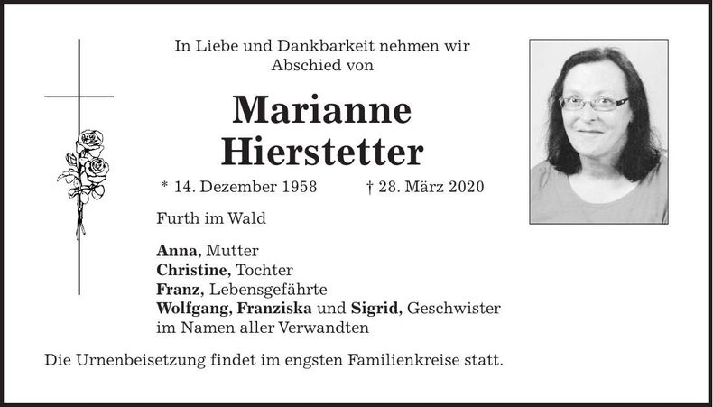 Traueranzeige Marianne Hierstetter