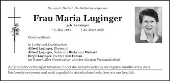 Traueranzeige Maria Luginger