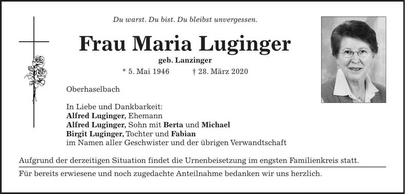 Traueranzeige Maria Luginger