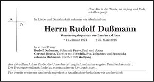 Traueranzeige Rudolf Dußmann
