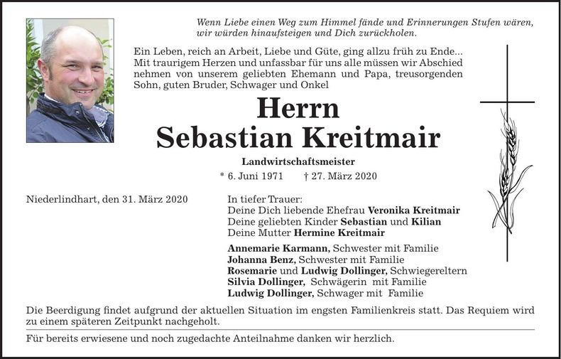 Traueranzeige Sebastian Kreitmair