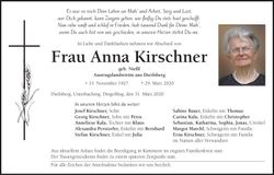 Traueranzeige Anna Kirschner