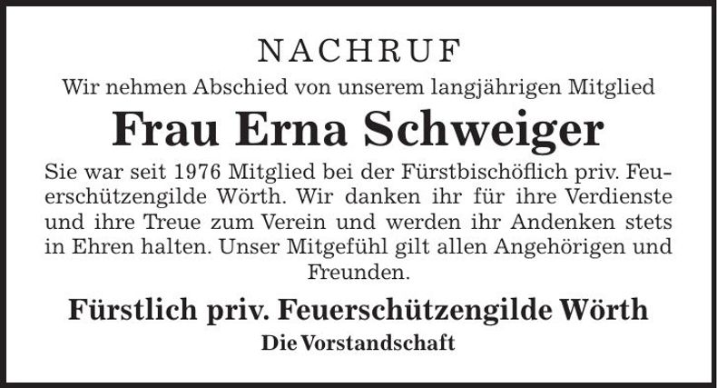 Traueranzeige Erna Schweiger