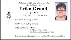 Traueranzeige Erika Grundl
