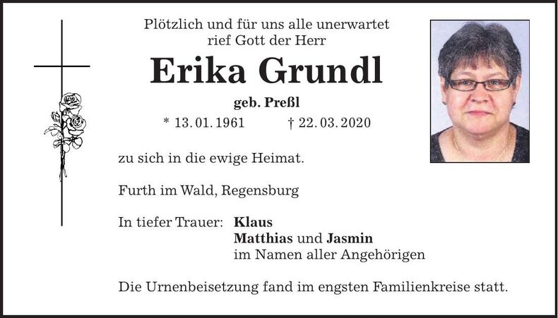 Traueranzeige Erika Grundl