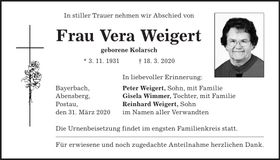 Traueranzeige Vera Weigert