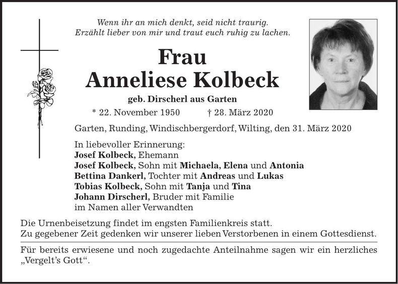Traueranzeige Anneliese Kolbeck