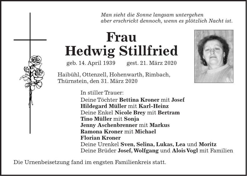 Traueranzeige Hedwig Stillfried