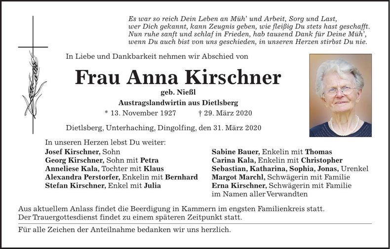 Traueranzeige Anna Kirschner