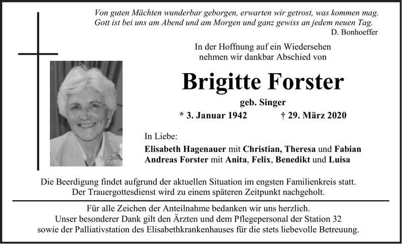 Traueranzeige Brigitte Forster