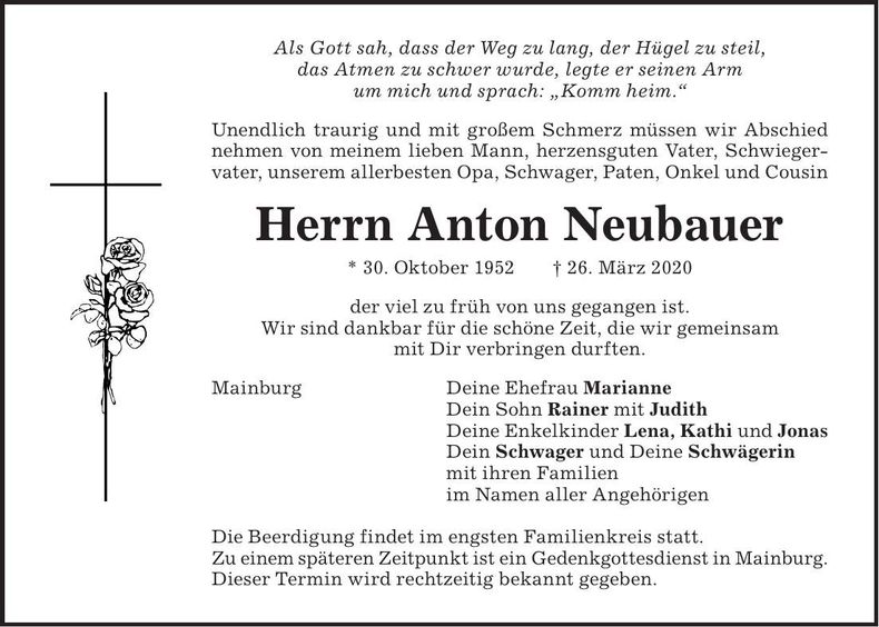 Traueranzeige Anton Neubauer