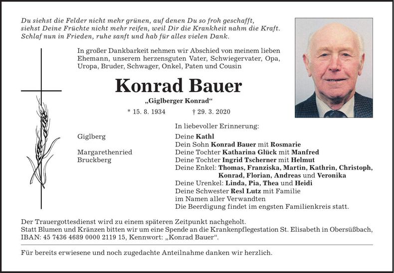 Traueranzeige Konrad Bauer