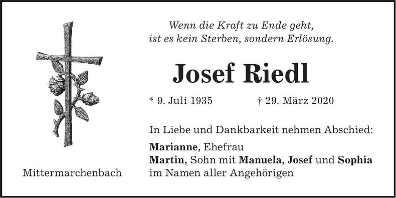 Traueranzeige Josef Riedl
