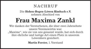 Traueranzeige Maxima Zankl