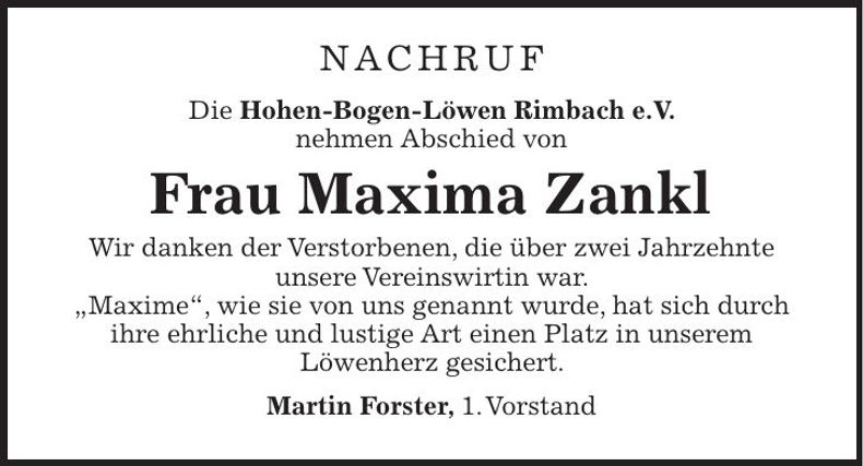 Traueranzeige Maxima Zankl
