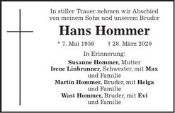 Traueranzeige Hans Hommer