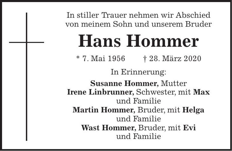 Traueranzeige Hans Hommer