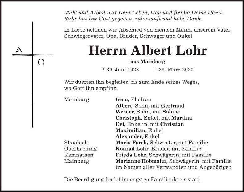 Traueranzeige Albert Lohr