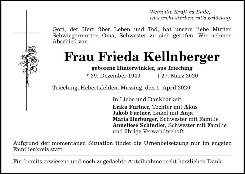 Traueranzeige Frieda Kellnberger