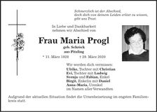 Traueranzeige Maria Progl