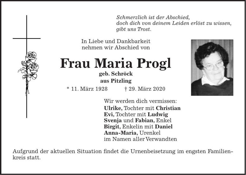 Traueranzeige Maria Progl