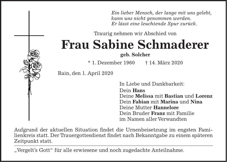 Traueranzeige Sabine Schmaderer