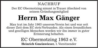 Traueranzeige Max Gänger