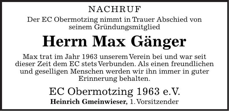 Traueranzeige Max Gänger