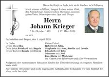 Traueranzeige Johann Krieger
