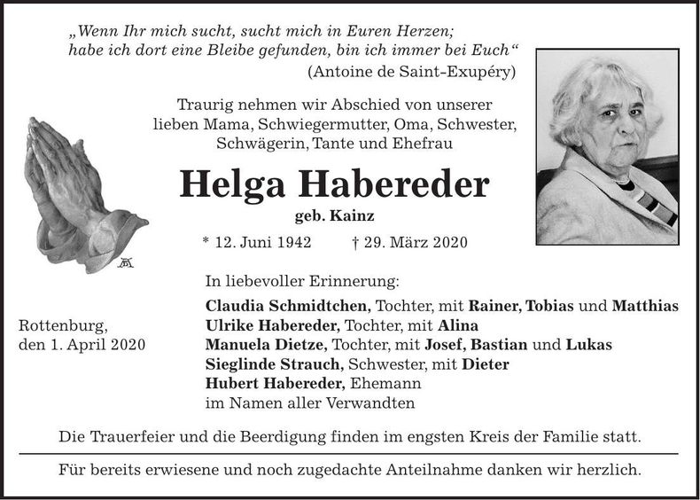 Traueranzeige Helga Habereder