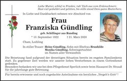 Traueranzeige Franziska Gündling