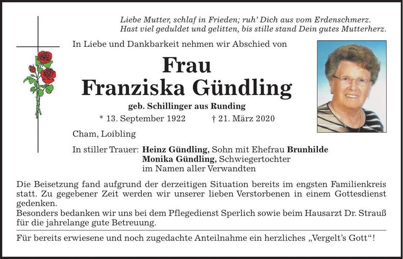 Traueranzeige Franziska Gündling