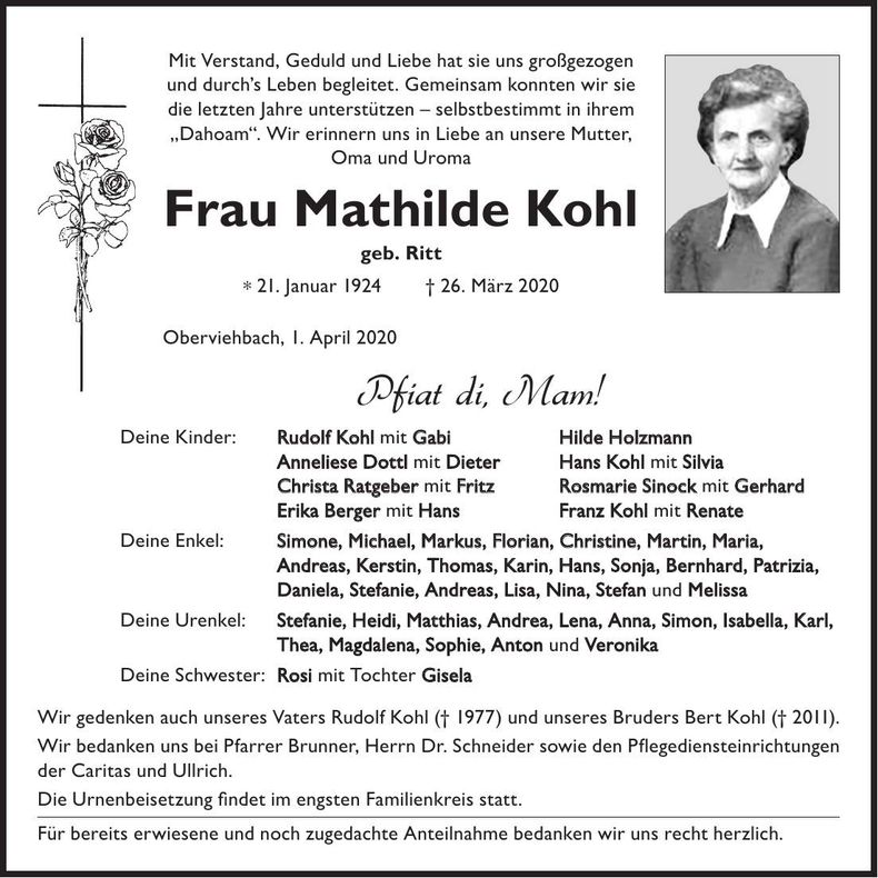 Traueranzeige Mathilde Kohl