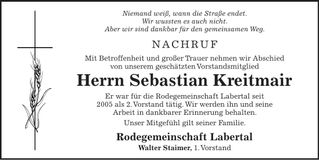 Traueranzeige Sebastian Kreitmair