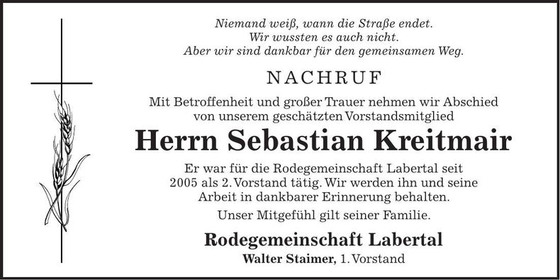 Traueranzeige Sebastian Kreitmair