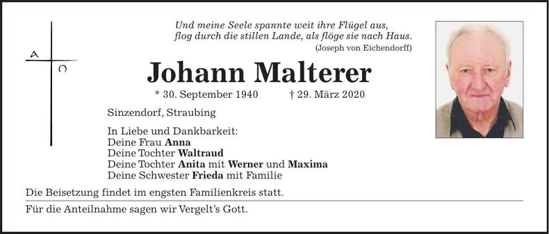Traueranzeige Johann Malterer