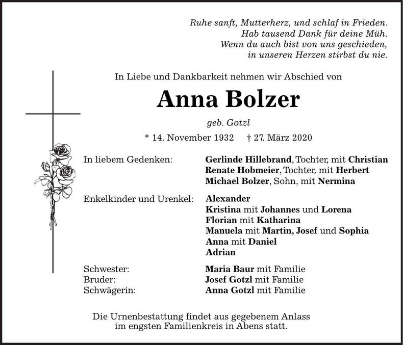 Traueranzeige Anna Bolzer