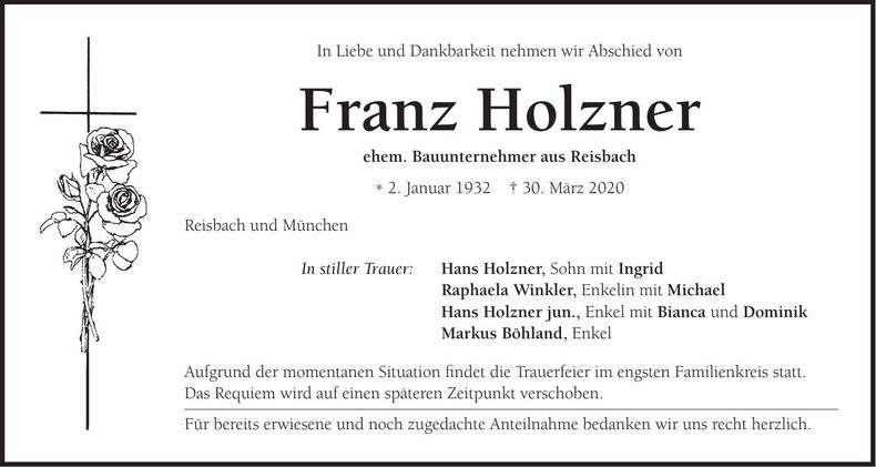 Traueranzeige Franz Holzner