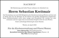Traueranzeige Sebastian Kreitmair