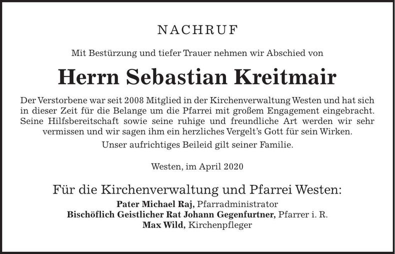Traueranzeige Sebastian Kreitmair