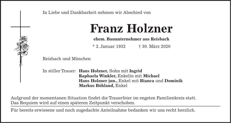 Traueranzeige Franz Holzner